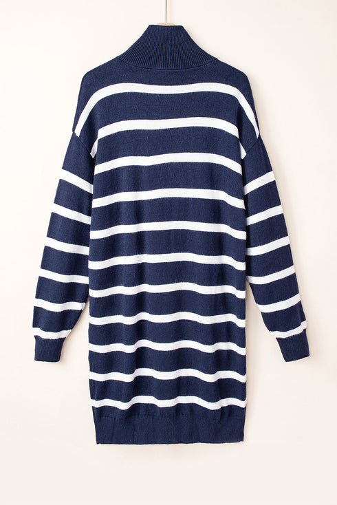 Striped O-Ring Zip Front Collared Drop Shoulder Long Sleeve Sweater Dress